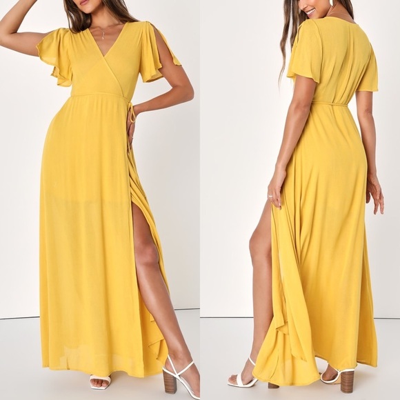 Lulus Dresses & Skirts - Lulu’s Much Obliged Golden Yellow Wrap Maxi Dress size Large